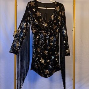 Nasty Gal Black and Gold Starry Sequin Fringe Dress